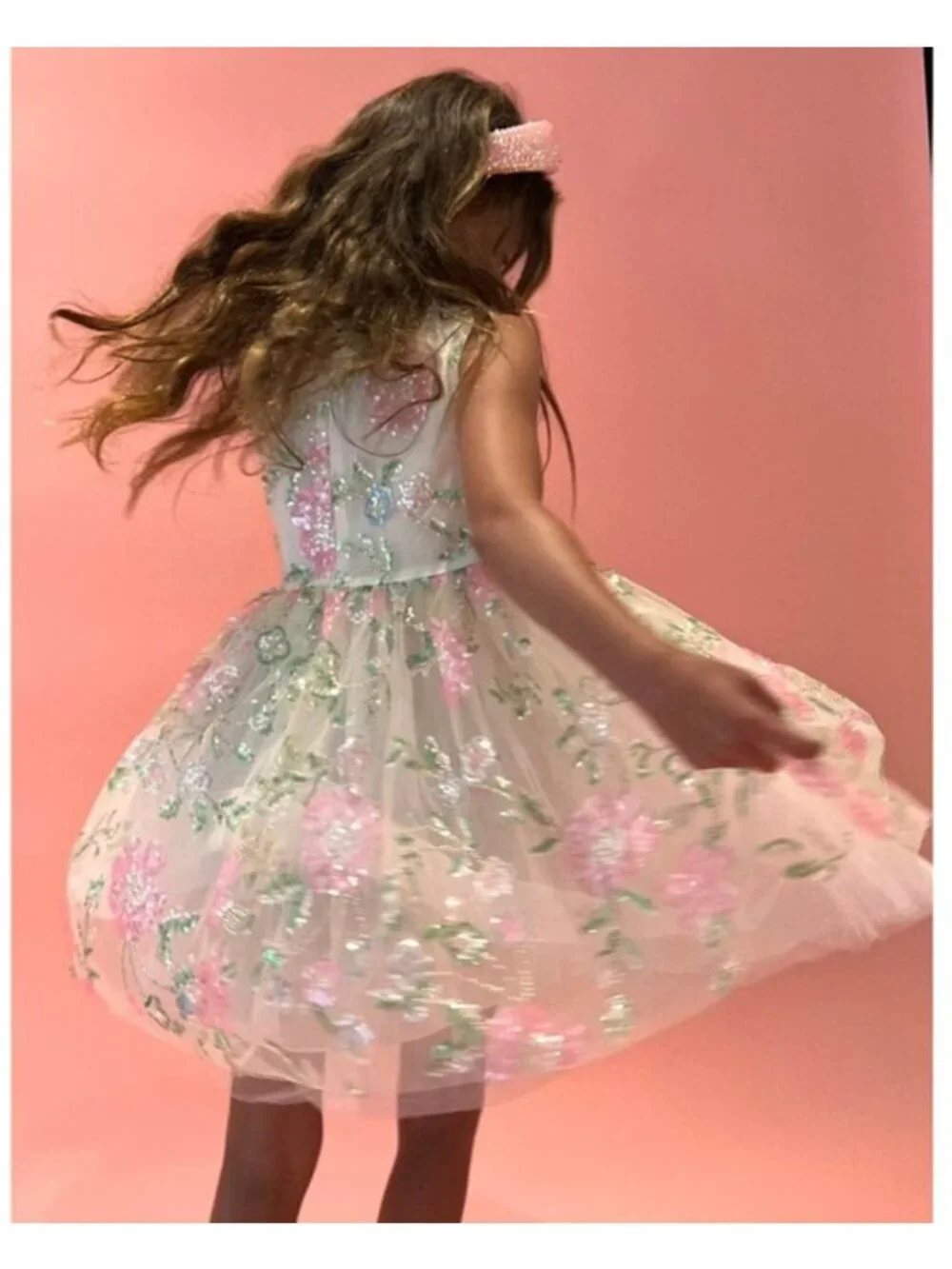 Lola + The Boys White Floral Sequin Girls' Formal Dress - Pink & Green